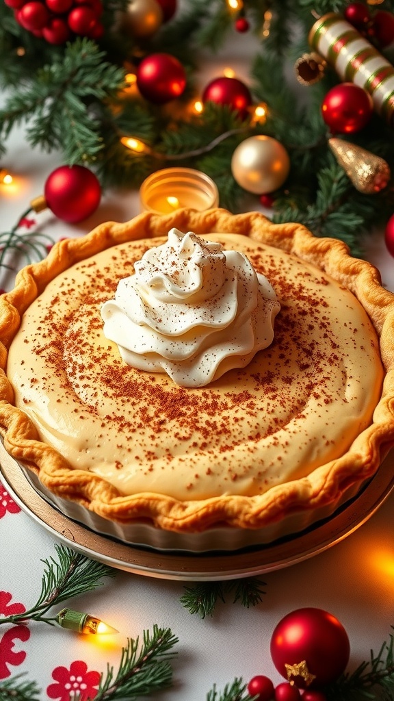 A golden Christmas pie with creamy filling, topped with whipped cream and cinnamon, on a festive table.